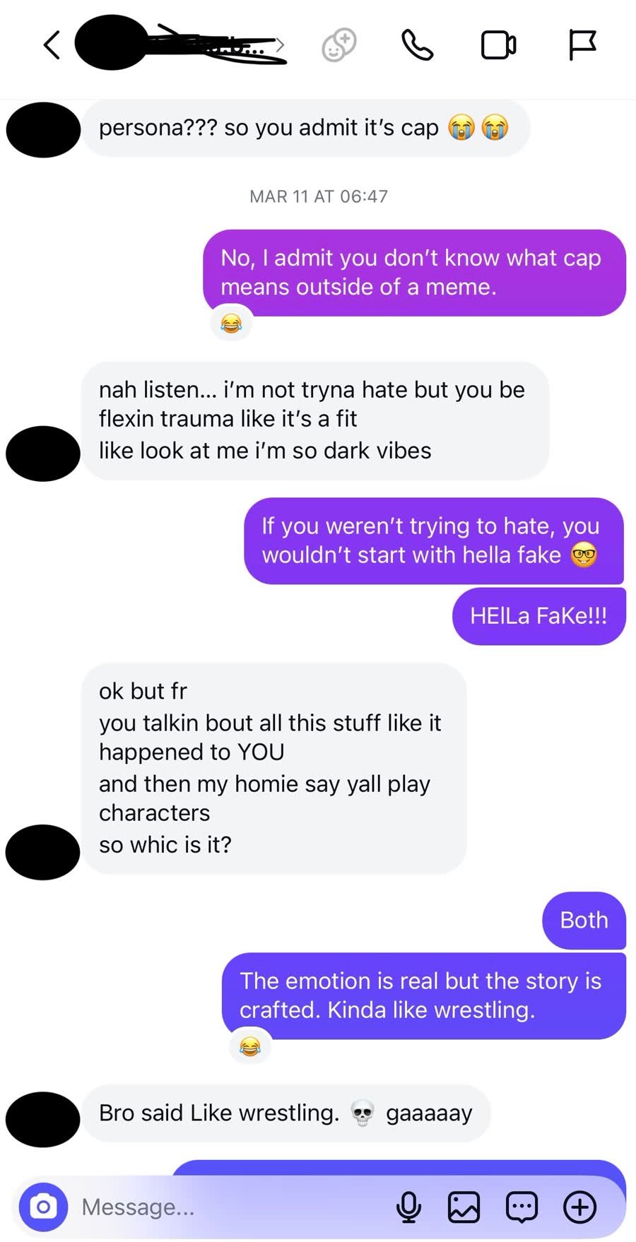 DM excerpt where Cryptic-X says both the emotion and the crafted story can be true