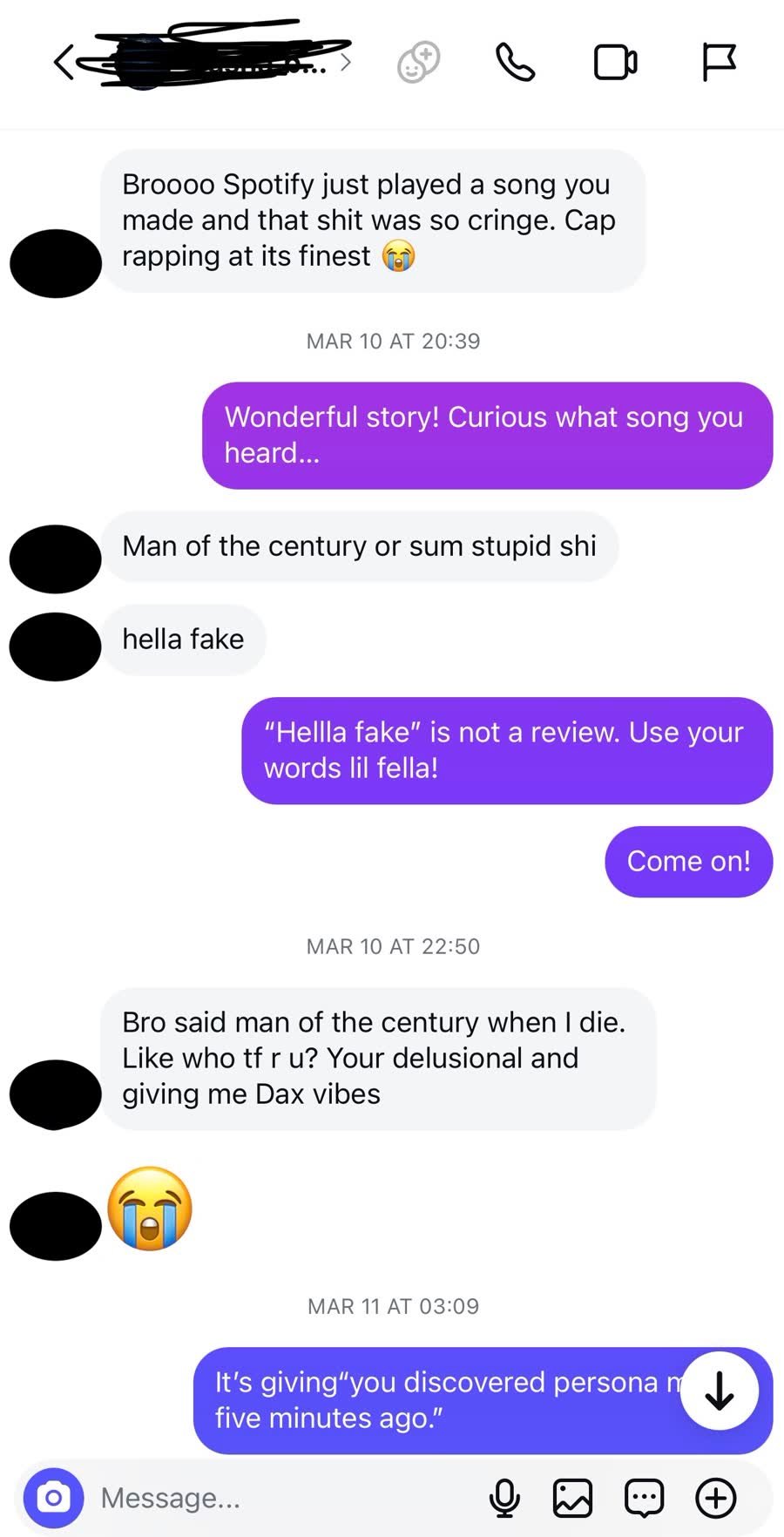 DM excerpt accusing Cryptic-X of sounding fake and giving Dax vibes