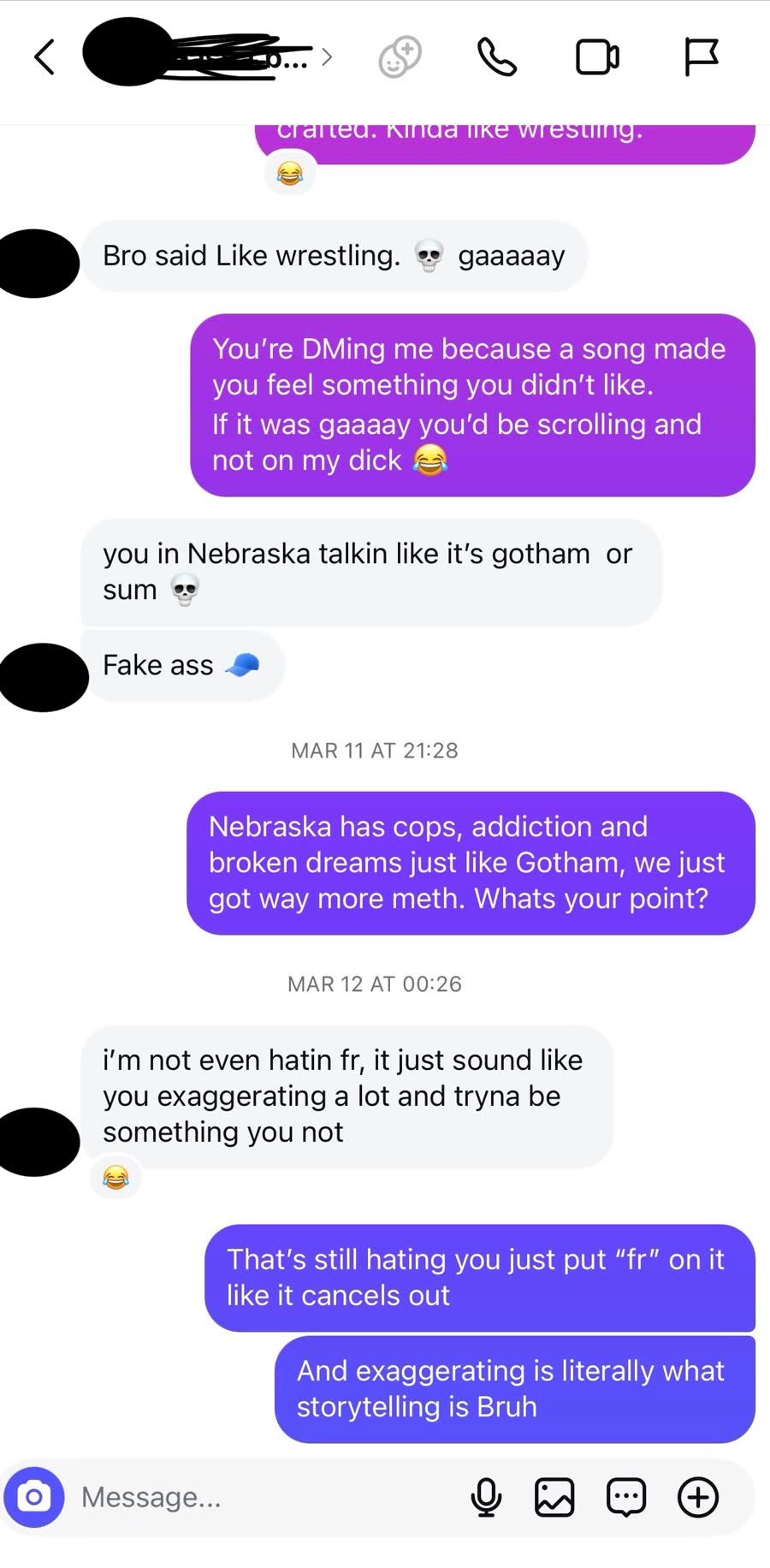 DM excerpt arguing about Nebraska and exaggeration in storytelling
