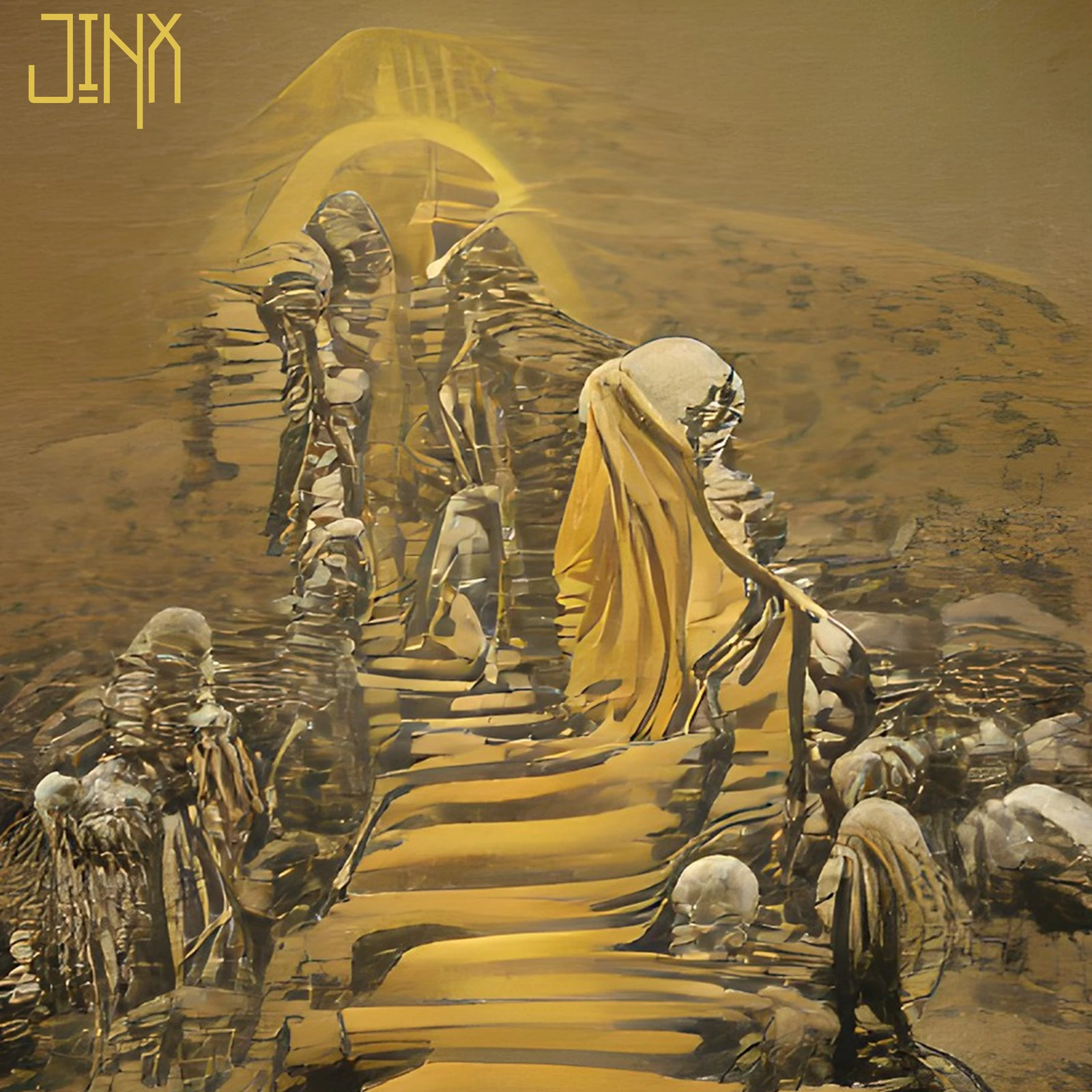 Gold album cover showing a hooded figure climbing golden steps toward a glowing arch, surrounded by shadowy figures